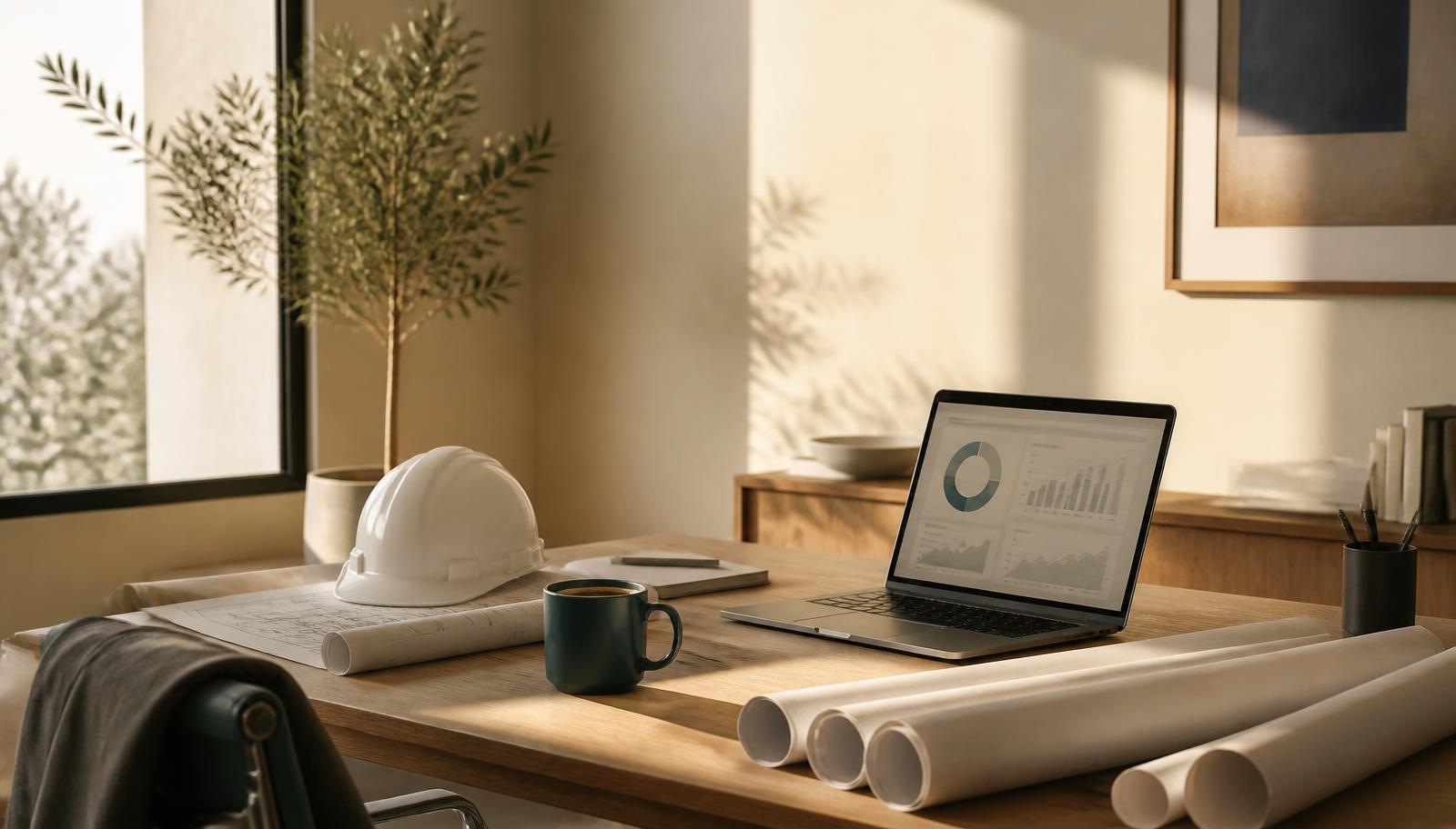 A contractor's desk with blueprints, a hard hat, and a laptop showing job numbers